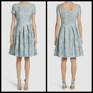 💕ST. JOHN💕 Jacquard Floral Embossed  Cap Sleeve Pleated Cocktail Dress 8 NWOT